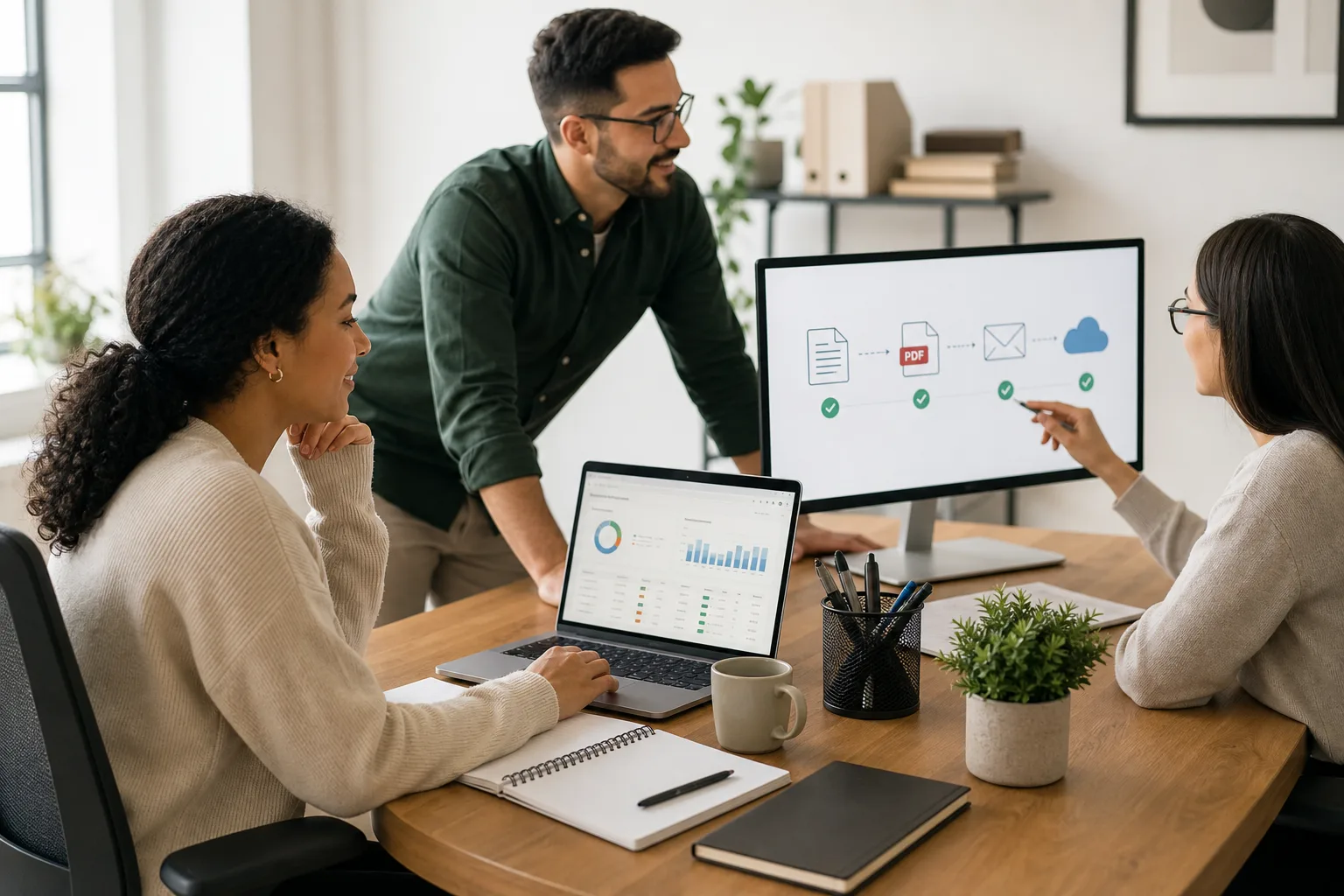 Equipo revisando un flujo automatizado de facturas, PDF y correos